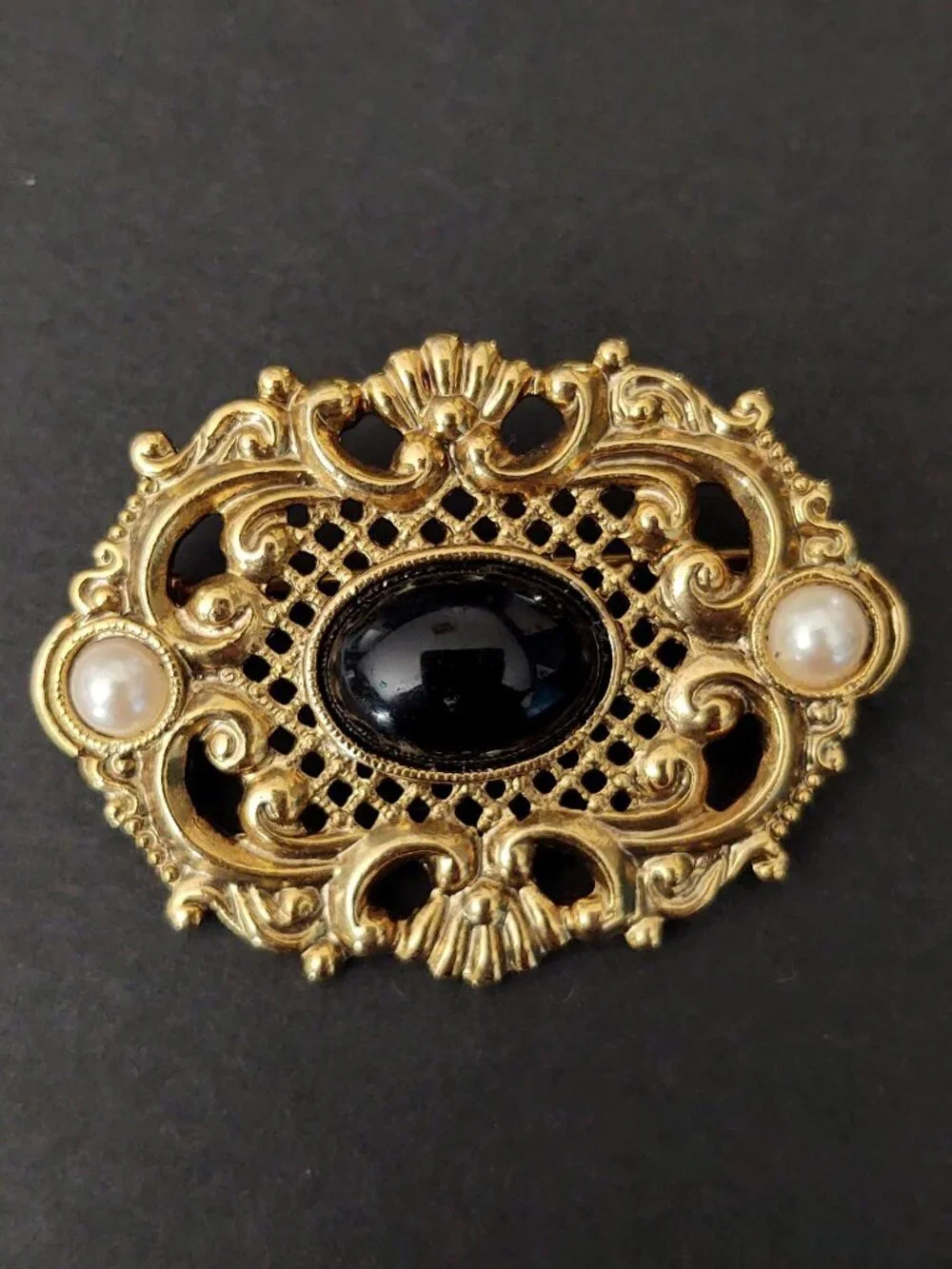 Vintage gold, black and faux pearl brooch